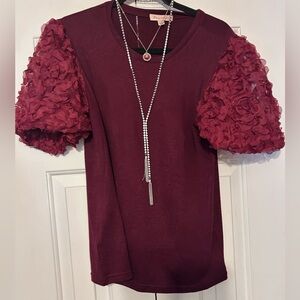 New Peach Puff Boutique 3D flower sleeve burgundy sweater